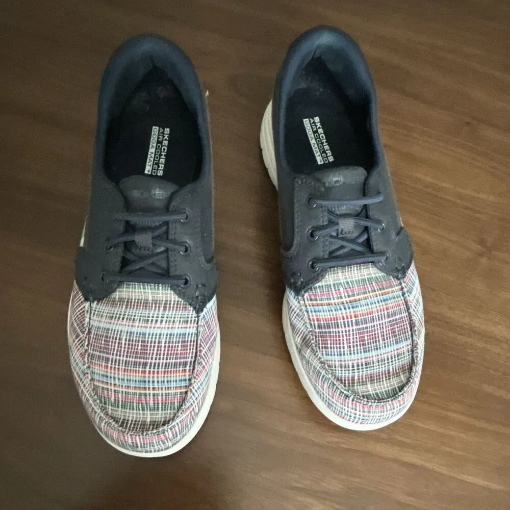 Skechers On-The-Go GOga Mat Comfort Plaid Navy Textile Lace-Up Sneaker 9.5